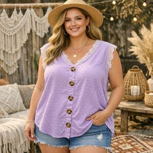Warehouse One 100% Rayon Lavender Swiss Dot Lace Trim Button Front Blouse Boho